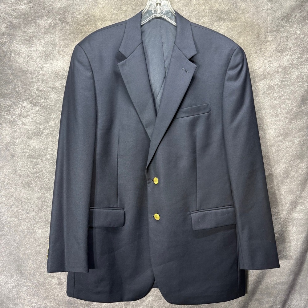 Vintage Ralph Lauren Navy Blue Gold Button Blazer Jacket Size 42R Wool Academia